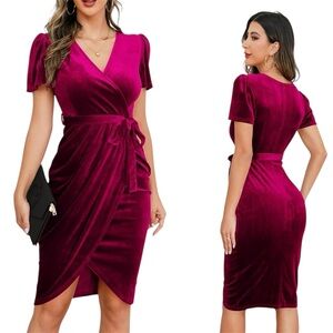 IHOT Raspberry Pink Crushed Velvet Faux Wrap Dress Belted Cocktail Party Small S